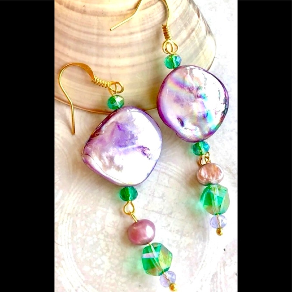 Purple Iridescent Shell Pearl Emerald Green Crystal Mermaid Colors Drop Earrings